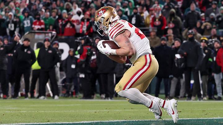 Jan 11, 2026; Philadelphia, PA, USA; San Francisco 49ers running back Christian McCaffrey (23) makes a catch for a touchdown against the Philadelphia Eagles during the fourth quarter in an NFC Wild Card Round game at Lincoln Financial Field. Mandatory Credit: Bill Streicher-Imagn Images Jan 11, 2026; Philadelphia, PA, USA; San Francisco 49ers running back Christian McCaffrey (23) makes a catch for a touchdown against the Philadelphia Eagles during the fourth quarter in an NFC Wild Card Round game at Lincoln Financial Field. Mandatory Credit: Bill Streicher-Imagn Images