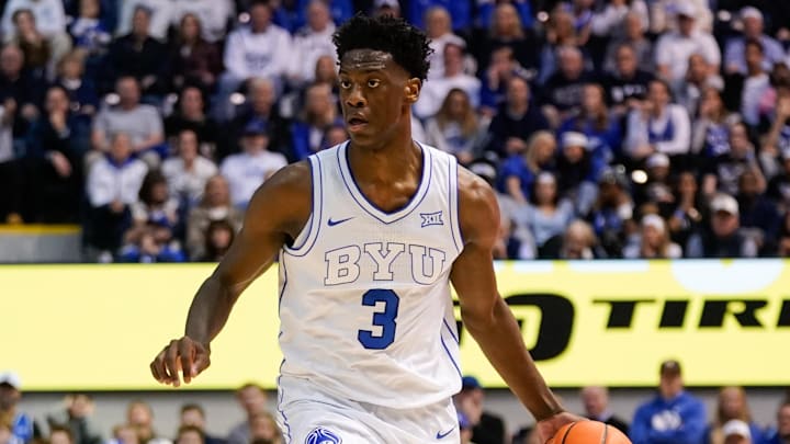 Mar 7, 2026; Provo, Utah, USA; BYU Cougars forward AJ Dybantsa (3) dribbles the ball during the first half against the Texas Tech Red Raiders at Marriott Center. 