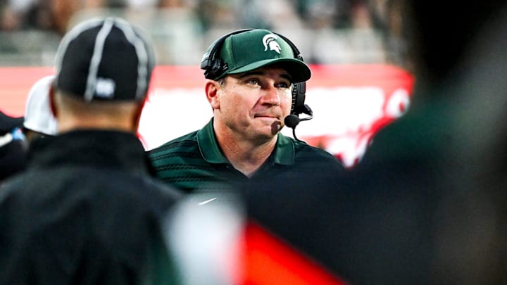 Michigan State's head coach Jonathan Smith looks on during the second quarter in the game against Florida Atlantic on Friday, Aug. 30, 2024, at Spartan Stadium in East Lansing.