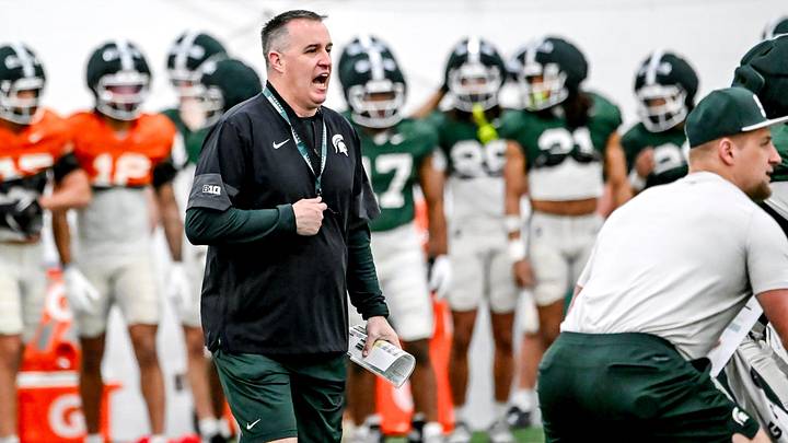 Michigan State's head coach Pat Fitzgerald calls out to players during spring football practice on Tuesday, March 24, 2026, in East Lansing. Michigan State's head coach Pat Fitzgerald calls out to players during spring football practice on Tuesday, March 24, 2026, in East Lansing.