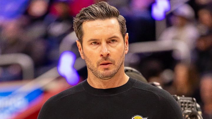 Mar 23, 2026; Detroit, Michigan, USA; Los Angeles Lakers JJ Redick walks onto the court on a play stoppage during the first quarter against the Detroit Pistons at Little Caesars Arena. Mandatory Credit: David Reginek-Imagn Images Mar 23, 2026; Detroit, Michigan, USA; Los Angeles Lakers JJ Redick walks onto the court on a play stoppage during the first quarter against the Detroit Pistons at Little Caesars Arena. Mandatory Credit: David Reginek-Imagn Images