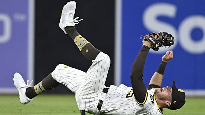 Apr 1, 2025; San Diego, California, USA; San Diego Padres left fielder Brandon Lockridge (28) makes a diving catch on a ball hit by Cleveland Guardians shortstop Brayan Rocchio (4) during the third inning at Petco Park. Mandatory Credit: Denis Poroy-Imagn Images Apr 1, 2025; San Diego, California, USA; San Diego Padres left fielder Brandon Lockridge (28) makes a diving catch on a ball hit by Cleveland Guardians shortstop Brayan Rocchio (4) during the third inning at Petco Park. Mandatory Credit: Denis Poroy-Imagn Images