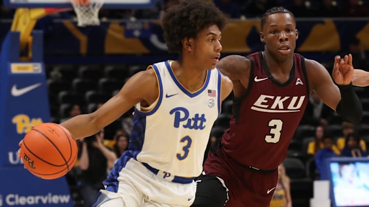 Dec 11, 2024; Pittsburgh, Pennsylvania, USA; Pittsburgh Panthers guard Brandin Cummings (3) dribbles the ball as Eastern Kentucky Colonels guard George Kimble III (right) defends during the first half at the Petersen Events Center. Mandatory Credit: Charles LeClaire-Imagn Images Dec 11, 2024; Pittsburgh, Pennsylvania, USA; Pittsburgh Panthers guard Brandin Cummings (3) dribbles the ball as Eastern Kentucky Colonels guard George Kimble III (right) defends during the first half at the Petersen Events Center. Mandatory Credit: Charles LeClaire-Imagn Images