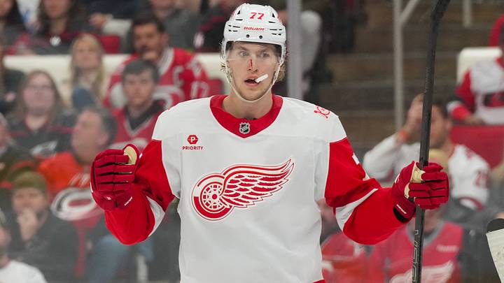 Detroit Red Wings defenseman Simon Edvinsson (77) celebrates his goal. Credit: James Guillory-Imagn Images Detroit Red Wings defenseman Simon Edvinsson (77) celebrates his goal. Credit: James Guillory-Imagn Images