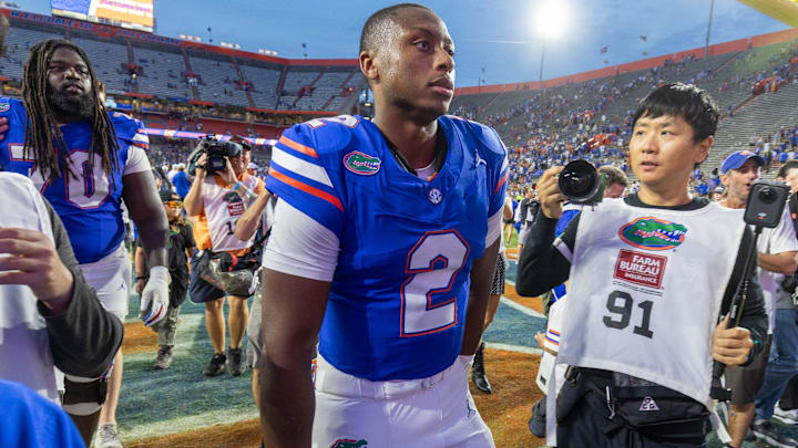 Florida quarterback DJ Lagway (2) heads to the locker room after beating Texas 29-21 after the second half an NCAA football game in Gainesville, FL on Saturday, October 4, 2025. [Alan Youngblood/Gainesville Sun]
