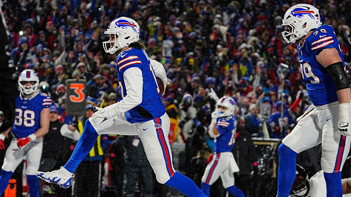 Buffalo Bills quarterback Josh Allen celebrates during the Buffalo Bills' divisional game against the Baltimore Ravens at Highmark Stadium in Orchard Park on Jan. 19, 2025.