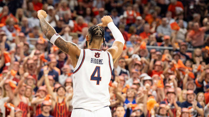Auburn Tigers forward Johni Broome (4) celebrates a block as Auburn Tigers take on Florida Gators at Neville Arena in Auburn, Ala., on Saturday, Feb. 8, 2025. Florida Gators lead Auburn Tigers 48-38 at halftime.