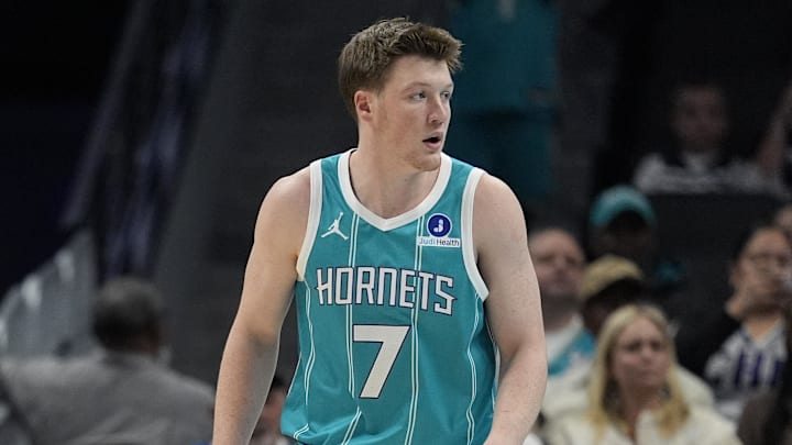 Nov 1, 2025; Charlotte, North Carolina, USA; Charlotte Hornets guard Kon Knueppel (7) during the first quarter against the Minnesota Timberwolves at Spectrum Center. Mandatory Credit: Jim Dedmon-Imagn Images