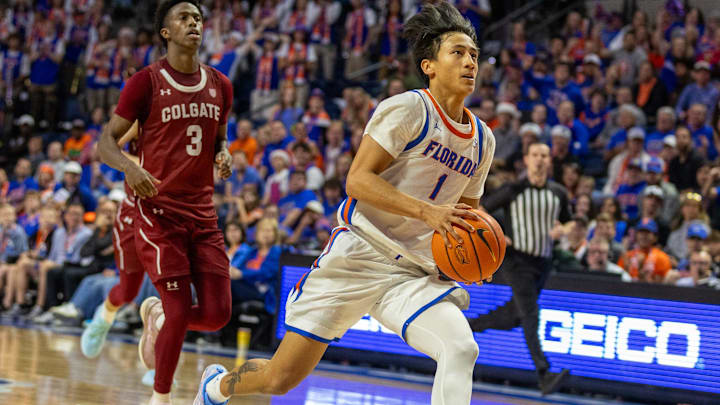 Florida guard Xaivian Lee (1) drives for the basket during the second half of an NCAA mens basketball game at Steven C. O'Connell Center Exactek arena in Gainesville, FL on Sunday, December 21, 2025. Florida won 90-60. [Alan Youngblood/Gainesville Sun]