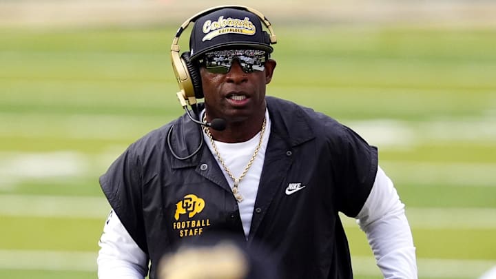 Aug 29, 2025; Boulder, Colorado, USA; Colorado Buffaloes head coach Deion Sanders during the first quarter against the Georgia Tech Yellow Jackets at Folsom Field. Mandatory Credit: Ron Chenoy-Imagn Images