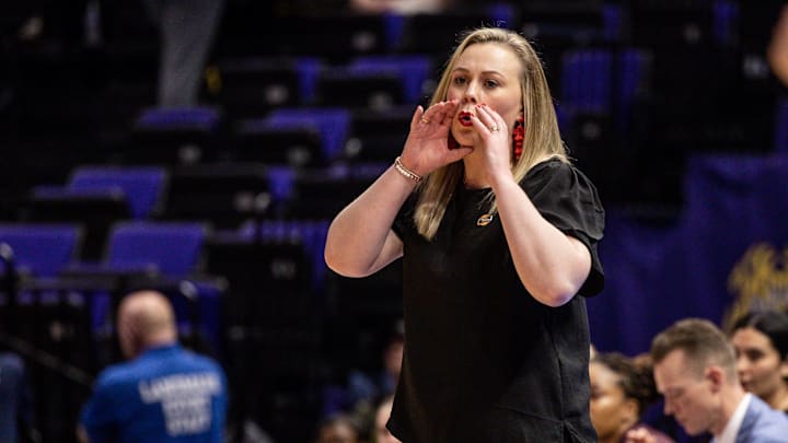 UNLV Lady Rebels head coach Lindy La Rocque reacts to a play against the Michigan Wolverines during the second half at Pete Maravich Assembly Center. 