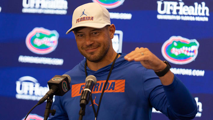 Florida head football coach Jon Sumrall speaks during a press conference after spring practice at Sanders Practice Fields in Gainesville, FL on Tuesday, March 24, 2026. [Alan Youngblood/Gainesville Sun]