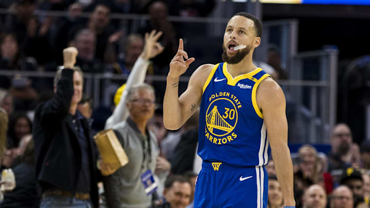 Mar 10, 2025; San Francisco, California, USA; Golden State Warriors guard Stephen Curry (30) reacts after hitting a three-point shot against the Portland Trail Blazers during the third quarter at Chase Center. Mandatory Credit: John Hefti-Imagn Images Mar 10, 2025; San Francisco, California, USA; Golden State Warriors guard Stephen Curry (30) reacts after hitting a three-point shot against the Portland Trail Blazers during the third quarter at Chase Center. Mandatory Credit: John Hefti-Imagn Images