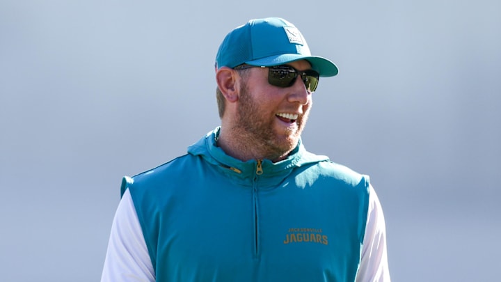 Jul 24, 2025; Jacksonville, FL, USA; Jacksonville Jaguars head coach Liam Coen leads training camp at Miller Electric Center. Mandatory Credit: Nathan Ray Seebeck-Imagn Images Jul 24, 2025; Jacksonville, FL, USA; Jacksonville Jaguars head coach Liam Coen leads training camp at Miller Electric Center. Mandatory Credit: Nathan Ray Seebeck-Imagn Images