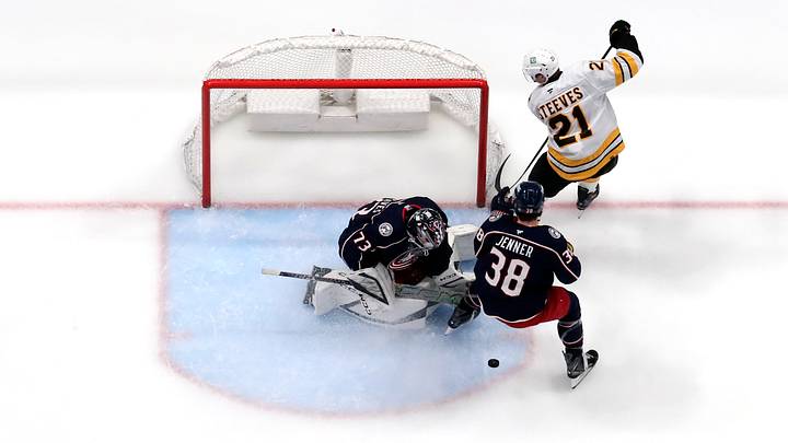 Jet Greaves makes a save against the Boston Bruins with help on defense from Boone Jenner Jet Greaves makes a save against the Boston Bruins with help on defense from Boone Jenner