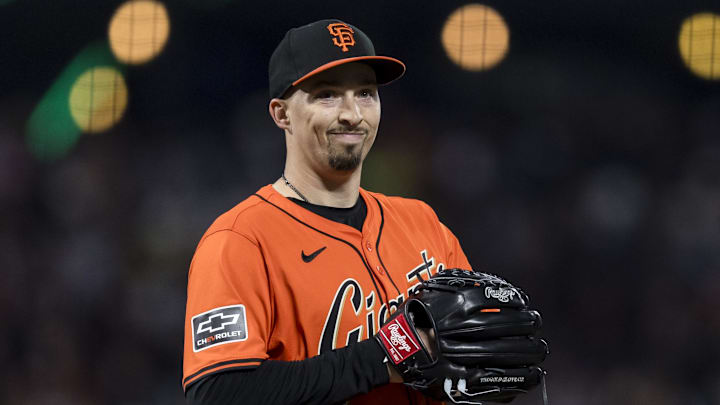 Apr 19, 2024; San Francisco, California, USA; San Francisco Giants pitcher Blake Snell (7) reacts Apr 19, 2024; San Francisco, California, USA; San Francisco Giants pitcher Blake Snell (7) reacts