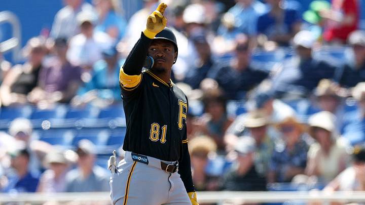 Mar 6, 2026; Dunedin, Florida, USA; Pittsburgh Pirates second baseman Termarr Johnson (81) reacts after hitting an rbi single against the Toronto Blue Jays in the second inning during spring training at TD Ballpark. Mandatory Credit: Nathan Ray Seebeck-Imagn Images