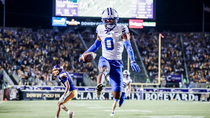 BYU cornerback Evan Johnson with an interception returned for a touchdown against ECU