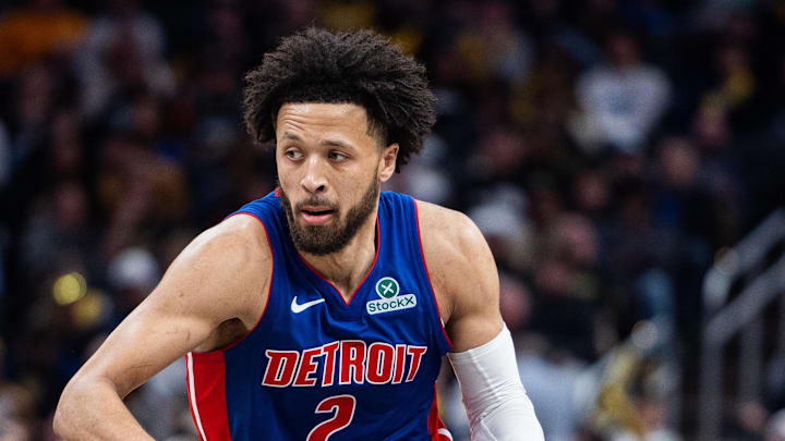Jan 29, 2025; Indianapolis, Indiana, USA; Detroit Pistons guard Cade Cunningham (2) dribbles the ball  in the second half against the Indiana Pacers at Gainbridge Fieldhouse. Mandatory Credit: Trevor Ruszkowski-Imagn Images