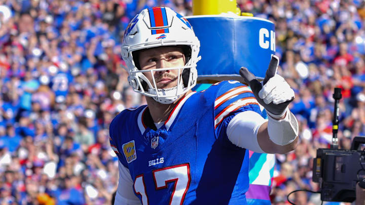 Oct 20, 2024; Orchard Park, New York, USA;  Buffalo Bills quarterback Josh Allen (17) is introduced prior to the game against the Tennessee Titans at Highmark Stadium. Mandatory Credit: Gregory Fisher-Imagn Images