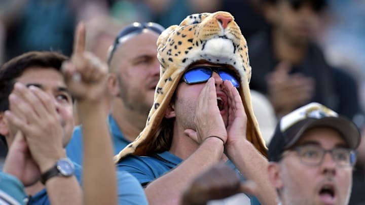 Jaguars fans cheer on the team as they took a one point lead late in the fourth quarter. 