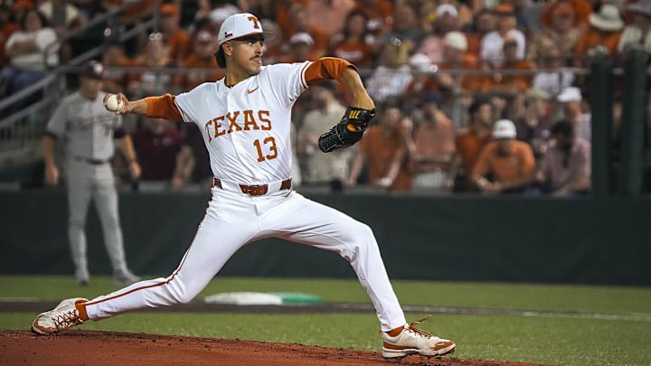 Texas Longhorns pitcher Ruger Riojas (13) throws a pitch during the Lone Star Showdown against Texas A&M at UFCU Disch-Falk Field on Friday, April 25, 2025.