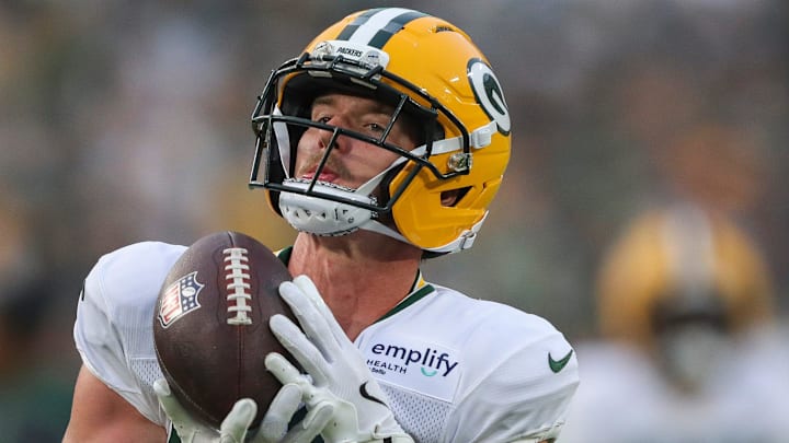 Green Bay Packers tight end Luke Musgrave (88) catches a pass during Family Night on Saturday, August 2, 2025, at Lambeau Field in Green Bay, Wis. 