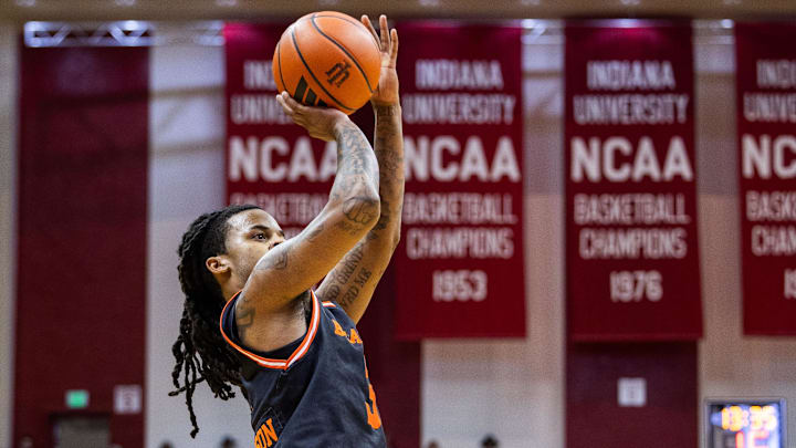 Dec 3, 2024; Bloomington, Indiana, USA; Sam Houston State Bearkats guard Lamar Wilkerson (3) shoots the ball  in the second half against the Indiana Hoosiers at Simon Skjodt Assembly Hall. Mandatory Credit: Trevor Ruszkowski-Imagn Images