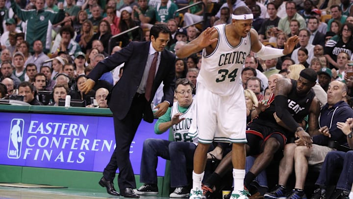 June 3, 2012; Boston, MA, USA; Boston Celtics small forward Paul Pierce (34) fouls Miami Heat small forward LeBron James (6) during the second half in game four of the Eastern Conference finals of the 2012 NBA playoffs at TD Garden. The Celtics defeated the Heat in overtime 93-91. Mandatory Credit: David Butler II-Imagn Images June 3, 2012; Boston, MA, USA; Boston Celtics small forward Paul Pierce (34) fouls Miami Heat small forward LeBron James (6) during the second half in game four of the Eastern Conference finals of the 2012 NBA playoffs at TD Garden. The Celtics defeated the Heat in overtime 93-91. Mandatory Credit: David Butler II-Imagn Images