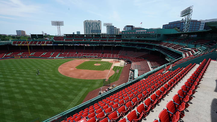 Jul 7, 2020; Boston, Massachusetts, United States; A general view of empty seats at Fenway Park during the Boston Red Sox Summer Camp. Mandatory Credit: David Butler II-Imagn Images