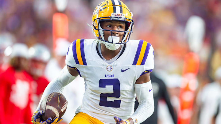 Kyren Lacy 2 runs the ball as the LSU Tigers take on the Nicholls Colonels at Tiger Stadium in Baton Rouge, LA. Saturday, Sept. 7, 2024.