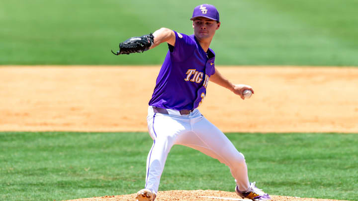 LSU pitcher Kade Anderson throws during an NCAA Super Regional game against West Virginia on June 7 at Alex Box Stadium.