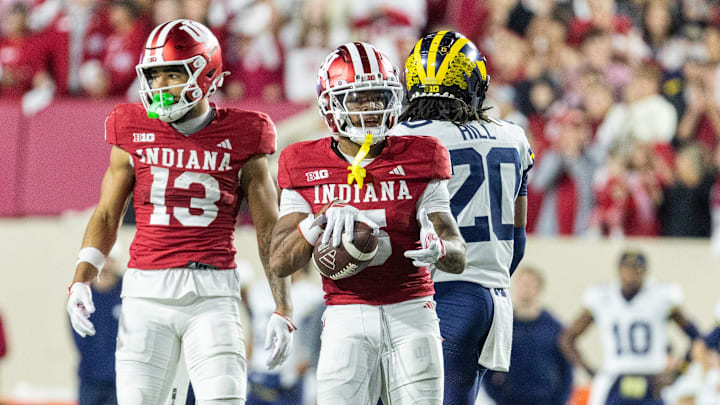 Indiana Hoosiers wide receiver Ke'Shawn Williams (5) celebrates a first down  in the second half against the Michigan Wolverines at Memorial Stadium.