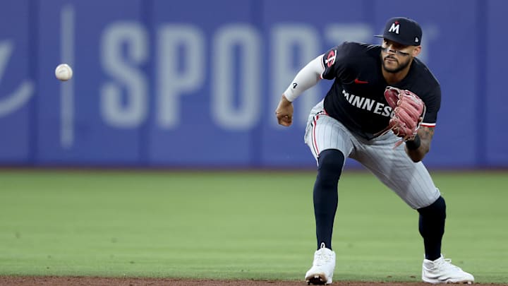 Jun 3, 2025; West Sacramento, California, USA; Minnesota Twins shortstop Carlos Correa (4) fields a ball against the Athletics during the fifth inning at Sutter Health Park.