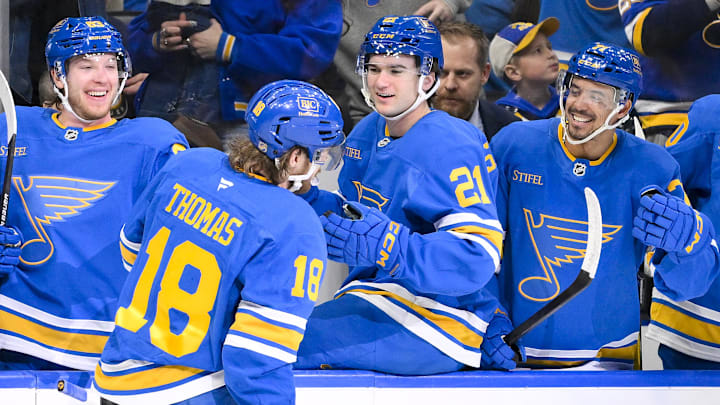 Jan 3, 2026; St. Louis, Missouri, USA; St. Louis Blues center Robert Thomas (18) is congratulated by left wing Jake Neighbours (63) right wing Jimmy Snuggerud (21) and right wing Mathieu Joseph (71) after scoring a shorthanded goal against the Montreal Canadiens during the second period at Enterprise Center. Mandatory Credit: Jeff Curry-Imagn Images Jan 3, 2026; St. Louis, Missouri, USA; St. Louis Blues center Robert Thomas (18) is congratulated by left wing Jake Neighbours (63) right wing Jimmy Snuggerud (21) and right wing Mathieu Joseph (71) after scoring a shorthanded goal against the Montreal Canadiens during the second period at Enterprise Center. Mandatory Credit: Jeff Curry-Imagn Images