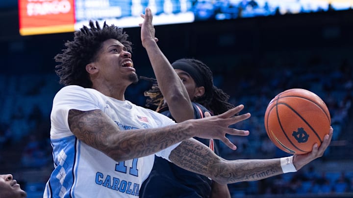 Nov 11, 2025; Chapel Hill, North Carolina, USA; North Carolina Tar Heels forward Jonathan Powell (11) shoots against the Radford Highlanders during the second half at Dean E. Smith Center. Mandatory Credit: Scott Kinser-Imagn Images