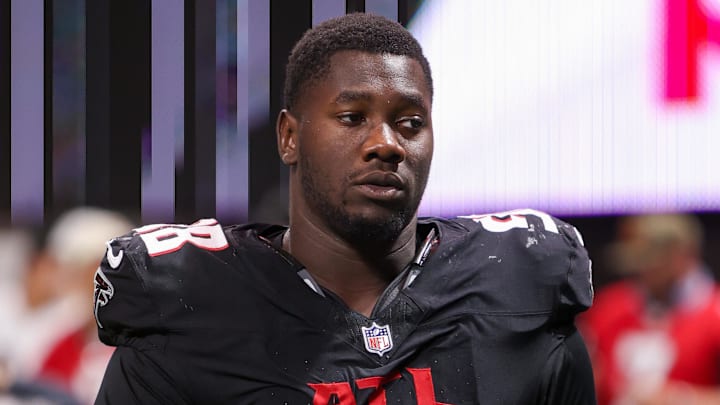 Aug 15, 2025; Atlanta, Georgia, USA; Atlanta Falcons defensive tackle Ruke Orhorhoro (98) on the field against the Tennessee Titans at Mercedes-Benz Stadium. Mandatory Credit: Brett Davis-Imagn Images