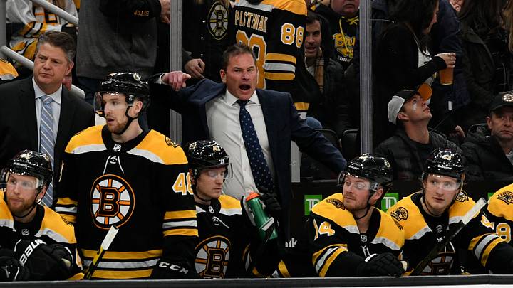 Nov 23, 2019; Boston, MA, USA; Boston Bruins head coach Bruce Cassidy reacts to a non-call by an official during the third period against the Minnesota Wild at the TD Garden. Mandatory Credit: Brian Fluharty-USA TODAY Sports