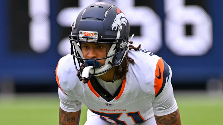 DENVER, CO - AUGUST 25: Denver Broncos cornerback Kris Abrams-Draine (31) down and ready during an NFL, American Football Herren, USA preseason game between the Denver Broncos and the Arizona Cardinals at Empower Field at Mile High Stadium in Denver, CO on August 25, 2024. DENVER, CO - AUGUST 25: Denver Broncos cornerback Kris Abrams-Draine (31) down and ready during an NFL, American Football Herren, USA preseason game between the Denver Broncos and the Arizona Cardinals at Empower Field at Mile High Stadium in Denver, CO on August 25, 2024.