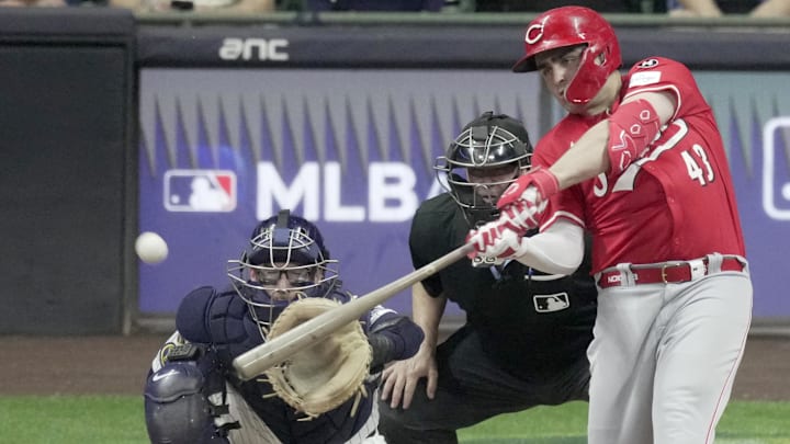 Sep 27, 2025; Milwaukee, Wisconsin, USA; Cincinnati Reds third baseman Sal Stewart (43) hits a solo home run during the sixth inning of their game against the Milwaukee Brewers at American Family Field. Mandatory Credit: Mark Hoffman/USA Today Network via Imagn Images