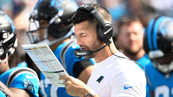 Sep 21, 2025; Charlotte, North Carolina, USA; Carolina Panthers head coach Dave Canales on the sidelines in the fourth quarter at Bank of America Stadium. Mandatory Credit: Bob Donnan-Imagn Images Sep 21, 2025; Charlotte, North Carolina, USA; Carolina Panthers head coach Dave Canales on the sidelines in the fourth quarter at Bank of America Stadium. Mandatory Credit: Bob Donnan-Imagn Images