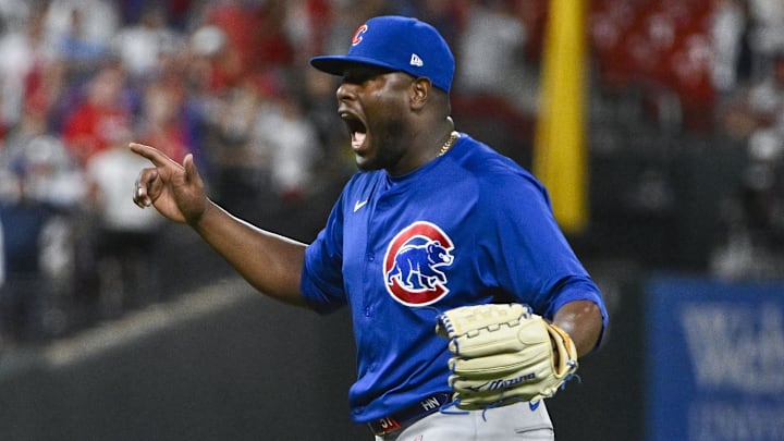 Jul 12, 2024; St. Louis, Missouri, USA;  Chicago Cubs relief pitcher Hector Neris (51) reacts after the Cubs defeated the St. Louis Cardinals at Busch Stadium. 