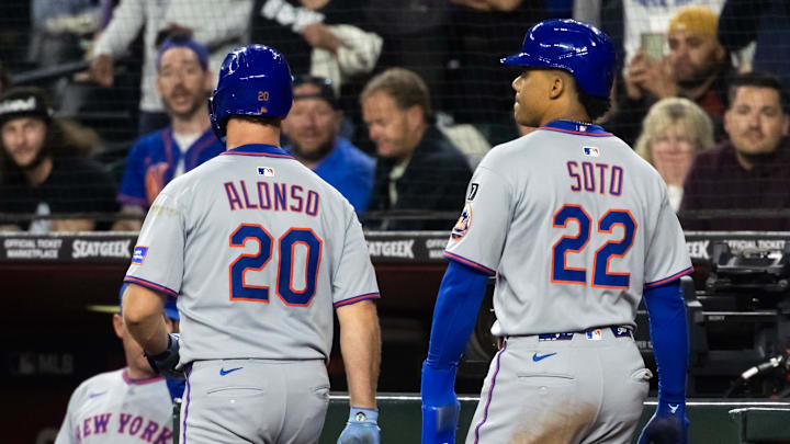 May 5, 2025; Phoenix, Arizona, USA; Detailed view of the jersey of New York Mets first baseman Pete Alonso (20) and outfielder Juan Soto (22) against the Arizona Diamondbacks at Chase Field. Mandatory Credit: Mark J. Rebilas-Imagn Images