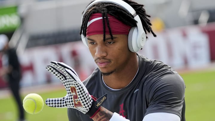 Nov 22, 2025; Tuscaloosa, Alabama, USA;  Alabama wide receiver Ryan Williams (2) does a drill catching tennis balls before the game with Eastern Illinois at Saban Field at Bryant-Denny Stadium. Mandatory Credit: Gary Cosby Jr.-Imagn Images