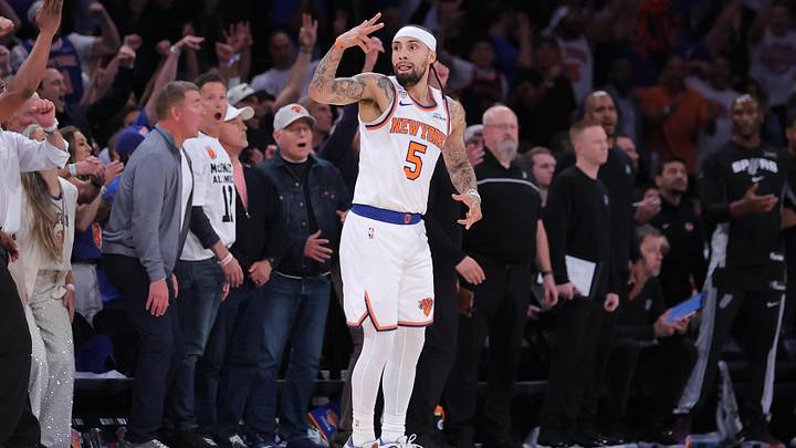 Jun 10, 2026; New York, New York, USA; New York Knicks guard Jose Alvarado (5) reacts in the fourth quarter against the San Antonio Spurs during game four of the 2026 NBA Finals at Madison Square Garden. Mandatory Credit: Brad Penner-Imagn Images Jun 10, 2026; New York, New York, USA; New York Knicks guard Jose Alvarado (5) reacts in the fourth quarter against the San Antonio Spurs during game four of the 2026 NBA Finals at Madison Square Garden. Mandatory Credit: Brad Penner-Imagn Images
