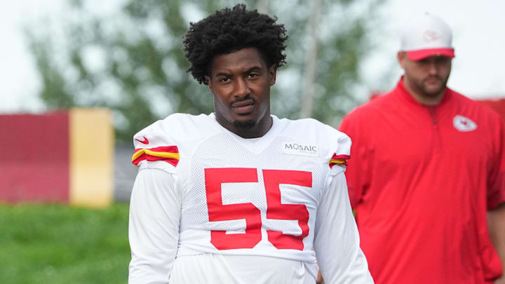 Jul 22, 2025; St. Joseph, MO, USA; Kansas City Chiefs defensive tackle Omarr Norman-Lott (55) walks down the hill to the practice fields during training camp at Missouri Western State University. Mandatory Credit: Denny Medley-Imagn Images
