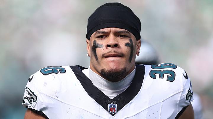 Sep 21, 2025; Philadelphia, Pennsylvania, USA; Philadelphia Eagles tight end Cameron Latu (36) in a game against the Los Angeles Rams at Lincoln Financial Field. Mandatory Credit: Bill Streicher-Imagn Images