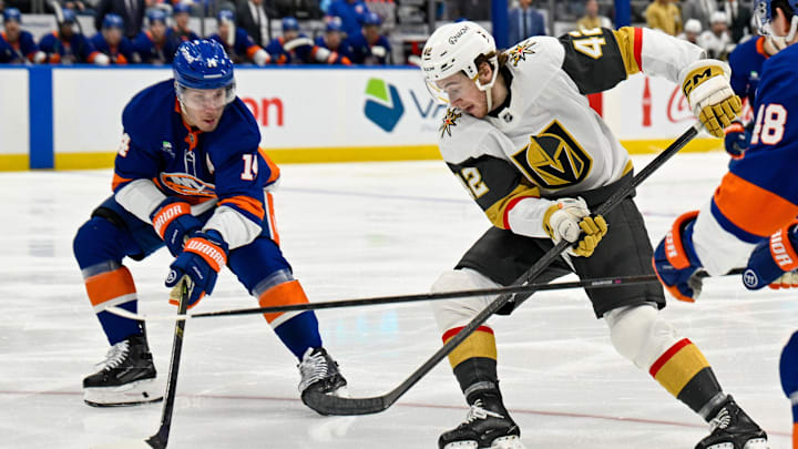 Islanders center Bo Horvat defends against Golden Knights right wing Braeden Bowman during during the third period at UBS Arena Islanders center Bo Horvat defends against Golden Knights right wing Braeden Bowman during during the third period at UBS Arena