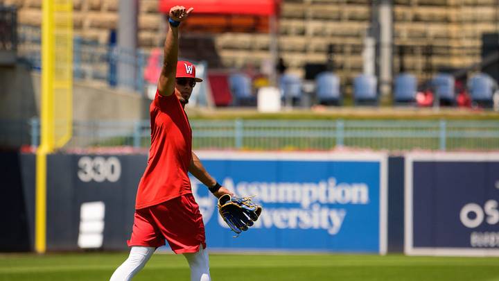 Red Sox No. 1 prospect Franklin Arias gives a thumbs up while he warms up ahead of his first game with Triple-A Worcester at Polar Park on July 25, 2026.