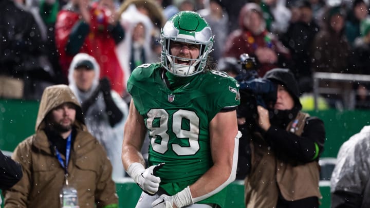 Nov 26, 2023; Philadelphia, Pennsylvania, USA; Philadelphia Eagles tight end Jack Stoll (89) reacts to his first down catch against the Buffalo Bills during the third quarter at Lincoln Financial Field. Mandatory Credit: Bill Streicher-USA TODAY Sports